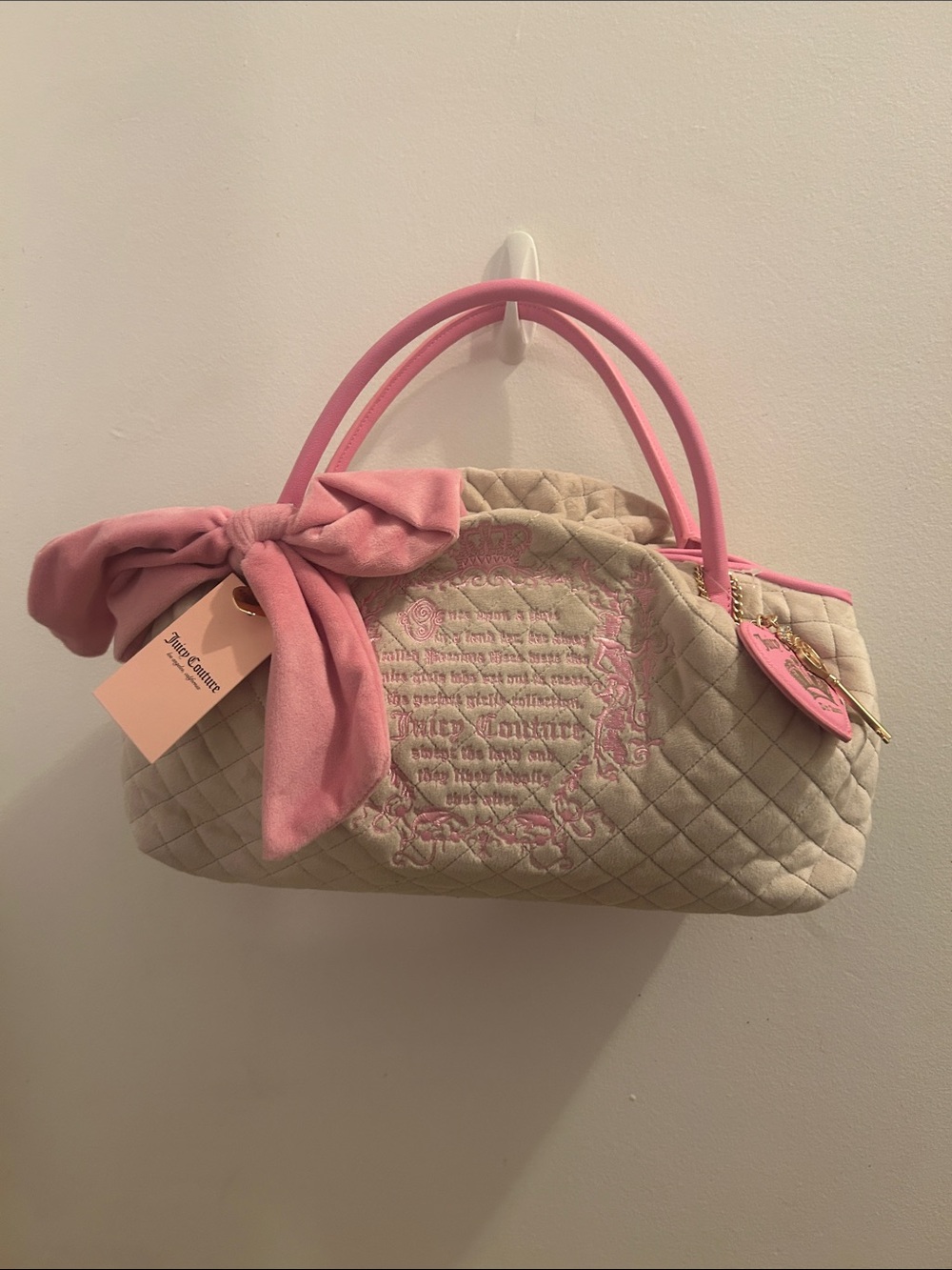 Juicy Couture Cream Quilted Satchel with Pink Handles & Bow